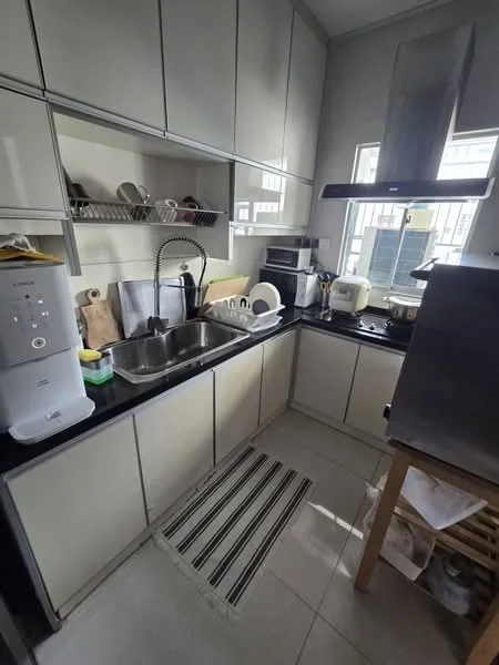 Kitchen features: double-bowl stainless-steel sink, chrome pull-down faucet, black countertop, cream cabinetry, built-in microwave, freestanding range oven, kettle, toaster, dishwasher, tile flooring, window with blinds, striped area rug, open shelving; style: modern.