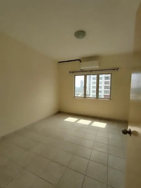 Room features: cream painted walls, tile flooring, 1 wall-mounted split AC, 2 windows with city view, ceiling light fixture, door with knob, window treatments not visible; view: city.
