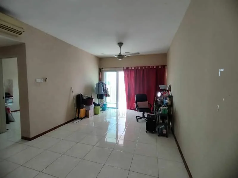 Living features: white painted walls, glossy ceramic tile flooring, 5-blade ceiling fan, sliding glass door, red curtains, office chair, various storage boxes, table lamp.