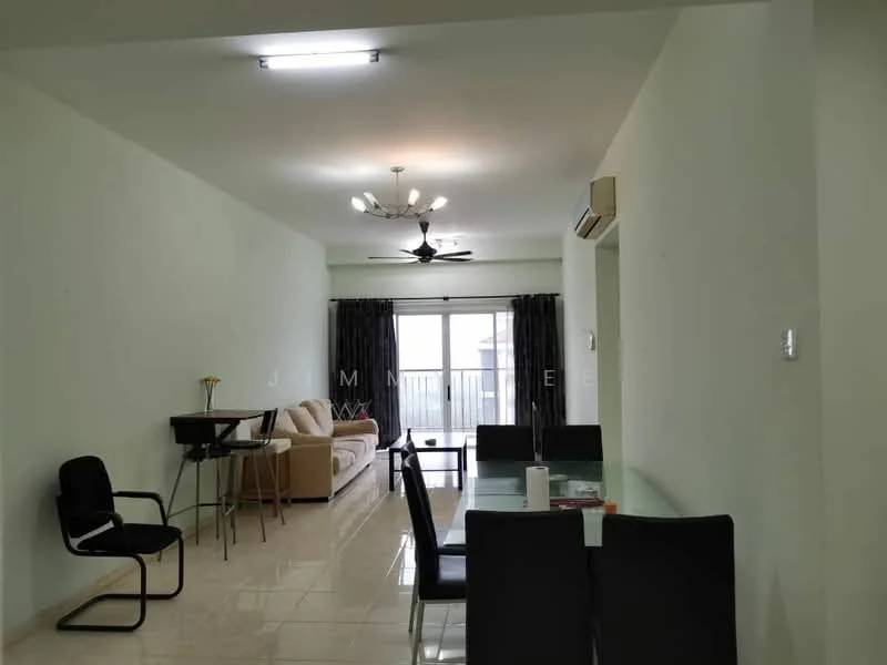 Living features: white painted walls, glossy tile flooring, 5-blade ceiling fan with light, sofa in beige, dining table with black chairs, sliding glass door, blackout curtains, recessed ceiling lights, TV console, decorative wall art; style: modern; view: city.