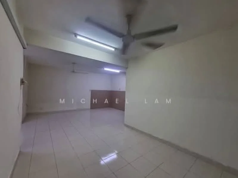 Room features: white painted walls, glossy ceramic tile flooring, 2 ceiling fans, recessed downlights, open layout, no visible furniture, neutral color scheme; style: minimalist.