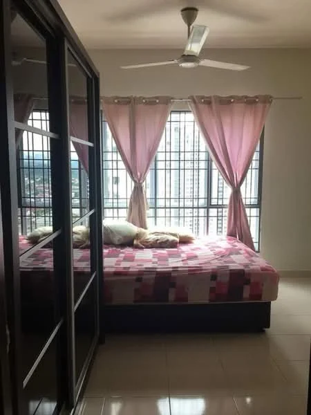 Bedroom features: queen-size bed with patterned bedding, black wooden bed frame, floor-to-ceiling windows, sheer pink curtains, ceiling fan, built-in wardrobe with mirrored doors, light-colored tiled flooring, decorative throw pillows; style: modern; view: city.