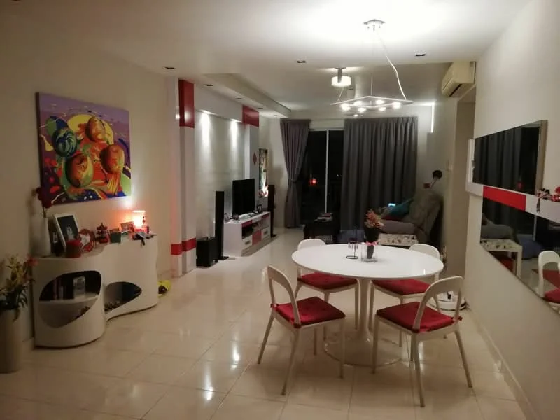 Living features: white painted walls, glossy tile flooring, recessed downlights, 5-blade ceiling fan with light, wall-mounted TV, TV console, decorative mirror, artwork on wall, sofa in grey, dining table with round white top, 4 dining chairs with red cushions, curtains in grey, decorative plants, open shelving unit; style: modern.