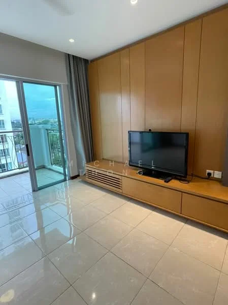 Living features: floor-to-ceiling windows, sliding glass door, wood panel feature wall, built-in TV console, ceramic tile flooring, recessed downlights, curtains, balcony access; style: modern; view: city.