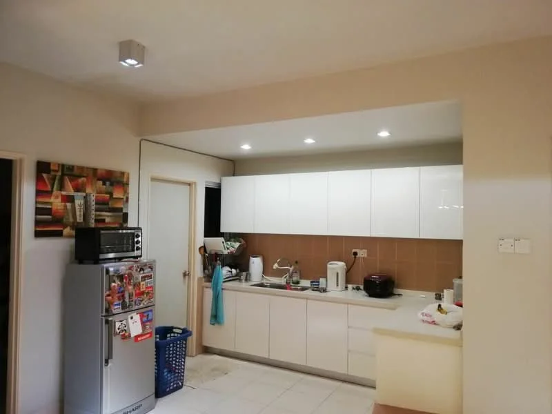 Kitchen features: white cabinetry, stainless-steel fridge, built-in oven, ceramic cooktop, white countertop, tile backsplash, single-bowl stainless-steel sink, chrome pull-down faucet, recessed LED downlights, wall-mounted cabinet, open shelving, laundry basket, decorative artwork on wall; style: modern.