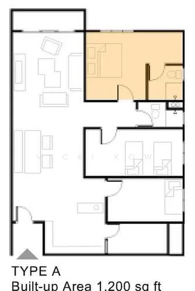 Floor plan: 2-bedroom 2-bathroom unit; features: open-plan kitchen-dining-living, master bedroom with ensuite bathroom, bedroom 2 with shared bathroom, utility room, central foyer, 1 car porch, 1,200 sqft built-up.