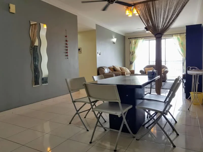 Dining features: white tiled flooring, grey accent wall, 6-seater dining table, folding metal chairs, ceiling fan, recessed downlights, decorative mirror, curtains with floral pattern, sliding glass door, view of balcony; style: modern; view: city. Living features: light brown leather sofa, coffee table, TV console, floor-to-ceiling windows, curtains with floral pattern; style: modern; view: city.