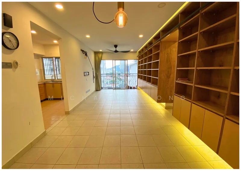Living features: floor-to-ceiling windows, sliding glass door, ceiling fan, pendant light, wall-mounted shelves, built-in cabinetry, tile flooring, neutral wall color, open layout, city view; style: modern; view: city. Kitchen features: kitchen counter, kitchen cabinetry, tile flooring; style: modern.