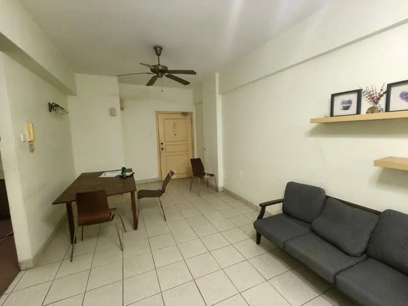 Living features: grey fabric sofa, wooden dining table, 4 dining chairs, ceiling fan, light beige painted walls, tile flooring, shelf on wall, door to entrance; style: minimalist.