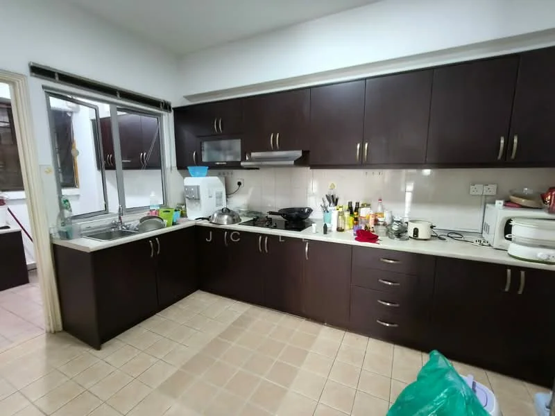 Kitchen features: dark wood cabinetry, white countertop, stainless-steel sink, chrome pull-down faucet, built-in microwave, freestanding range oven, ceramic tile flooring, window with sheer curtains, kitchen appliances including kettle and rice cooker, open shelving, tile backsplash; style: modern.