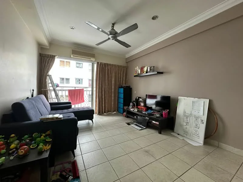 Living features: grey fabric 3-seater sofa, black TV console, wall-mounted TV, ceiling fan with light, cream painted walls, tile flooring, curtains, shelves with trophies, blue storage cabinet, decorative items on shelves, sliding glass door to balcony, area rug; style: modern; view: city.