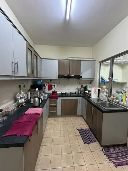 Kitchen features: grey cabinetry, brown lower cabinets, black countertop, stainless-steel sink, chrome pull-down faucet, 4-burner gas hob, built-in oven, microwave, tile backsplash, ceramic tile flooring, recessed ceiling lights, window with view to utility area, kitchen towels, kitchen utensils; style: modern.