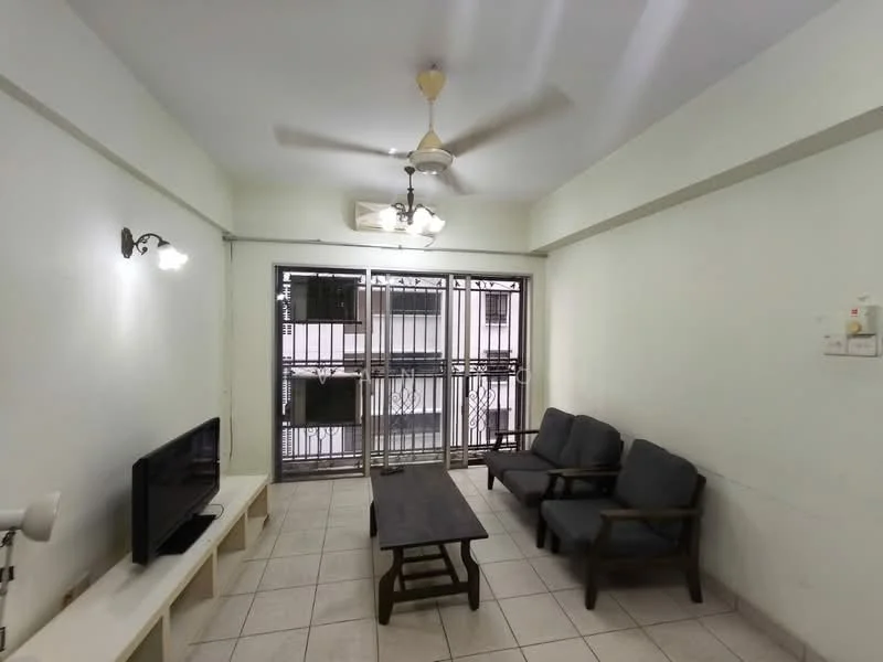 Living features: light grey painted walls, white ceiling, tile flooring, 3-seater fabric sofa in grey, wooden coffee table, wall-mounted TV, ceiling fan with light, sliding glass door, window with security grille, 2 wall sconces, open shelving unit; style: minimalist.