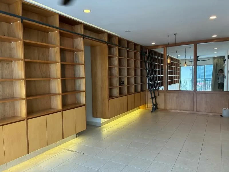 Living features: built-in wooden shelving, light wood cabinetry, tile flooring, recessed ceiling lights, ceiling fan, glass sliding doors, open layout, wall-mounted ladder, natural light from windows, neutral wall color; style: modern; view: city.