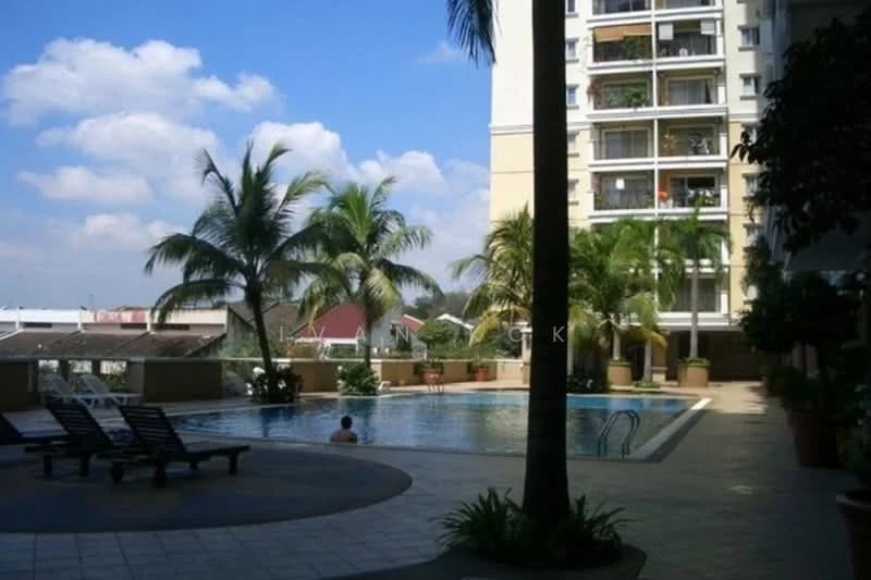 Exterior type: high-rise condominium; features: infinity pool, pool deck with loungers, tropical landscaping, palm trees, manicured lawn, surrounded by greenery; style: modern.