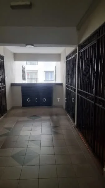 Room features: tiled flooring, light-colored walls, window with security bars, open space, decorative tile pattern, ceiling light fixture, balcony access, interior corridor; style: modern.