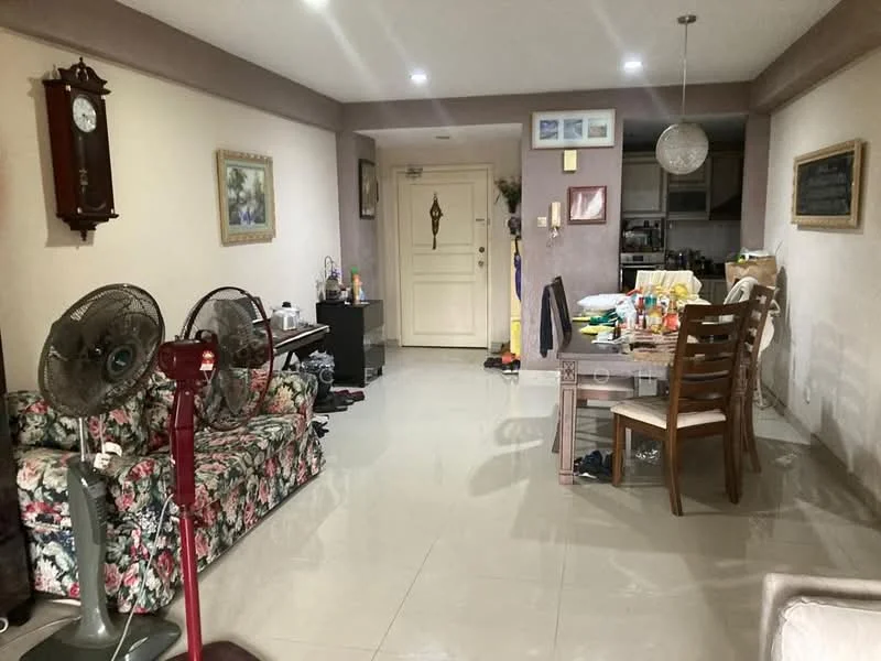 Living features: floral patterned fabric sofa, wooden dining table, wooden dining chairs, wall-mounted clock, framed artwork on wall, tile flooring, recessed ceiling lights, floor fan, ceiling fan, doorway leading to kitchen, decorative wall panel, light-colored painted walls; style: contemporary.