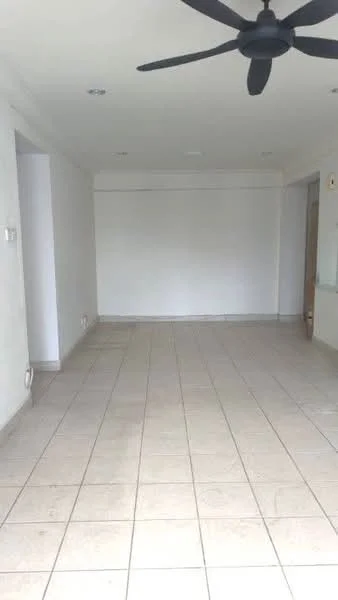 Room features: white painted walls, tile flooring, ceiling fan, recessed lighting, no visible furniture, open layout, large empty space, neutral color scheme; style: minimalist.