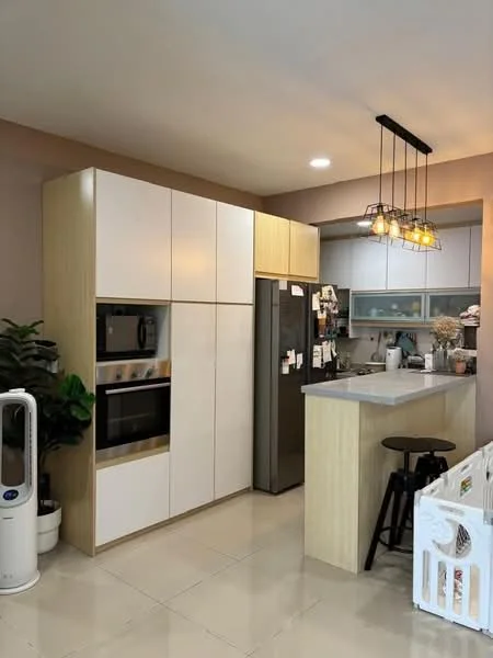 Kitchen features: white cabinetry with wood accents, built-in oven, microwave, stainless-steel fridge, grey countertop, pendant lighting with multiple bulbs, open shelving, ceramic tile flooring, kitchen island with seating, decorative plants; style: modern.