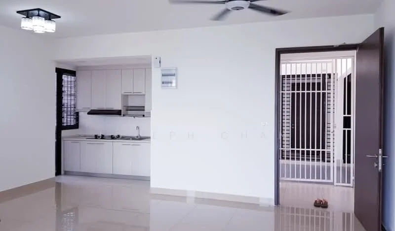 Kitchen features: white cabinetry, stainless-steel sink, built-in stove, exhaust hood, countertop, tile backsplash, refrigerator, kitchen island; style: modern. Living features: cream painted walls, polished tile flooring, ceiling fan, window with blinds, open layout; style: modern.