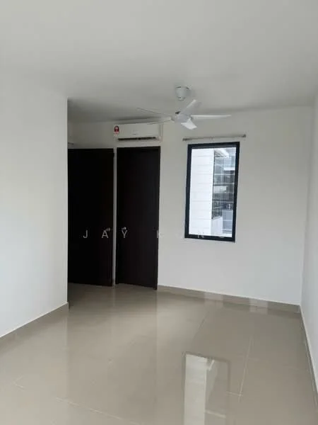 Room features: white painted walls, glossy tile flooring, ceiling fan, 1 wall-mounted split AC, large window, double-door wardrobe with dark wood finish; style: modern.