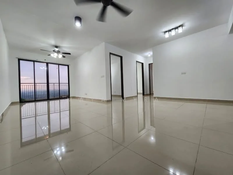 Room features: white painted walls, polished ceramic tile flooring, 5-blade ceiling fan, recessed LED downlights, large floor-to-ceiling windows, sliding glass door, balcony access, neutral color scheme, open layout, reflected light from windows; style: modern; view: city.