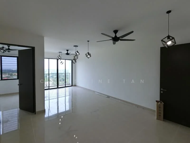 Living features: white painted walls, polished ceramic tile flooring, 5-blade ceiling fan with light, 3 pendant lights, floor-to-ceiling windows, sliding glass door, balcony access, city view; style: modern; view: city.