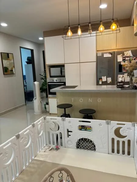 Kitchen features: white cabinetry with flat-panel design, wooden countertop, stainless-steel fridge, built-in oven, microwave, black bar stools, pendant lighting with exposed bulbs, ceramic tile flooring, open layout, kitchen island, wall-mounted air conditioner; style: modern. Living features: open-plan layout, decorative wall art, light-colored walls, floor-to-ceiling windows, child safety gate; style: modern.