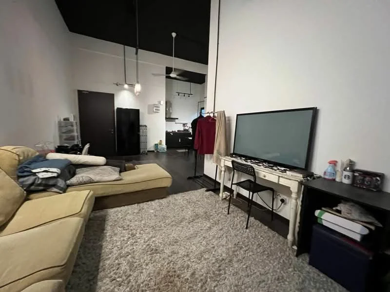 Living features: beige L-shape sectional sofa, area rug with fluffy texture, wall-mounted TV, black TV console, pendant lighting, dark ceiling, black shelving unit, clothes rack, open kitchen view, grey wall, dark flooring; style: modern; view: kitchen.