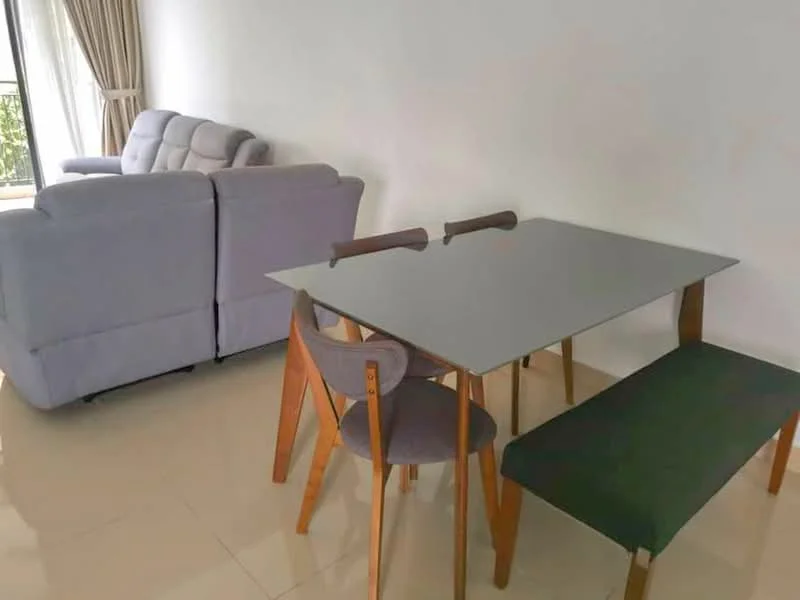 Dining features: glass dining table, wooden dining chairs, upholstered bench seating, grey fabric sofa, light-colored walls, large window with sheer curtains, tile flooring, neutral color palette; style: modern.