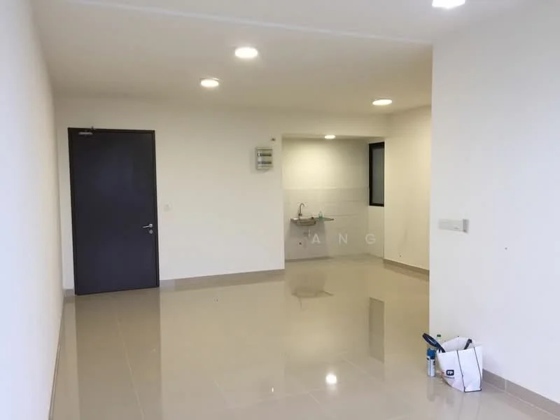 Room features: white painted walls, glossy ceramic tile flooring, recessed downlights, single-bowl stainless-steel sink, wall-mounted faucet, window with black frame, open space layout, clean and minimal decor; style: modern.