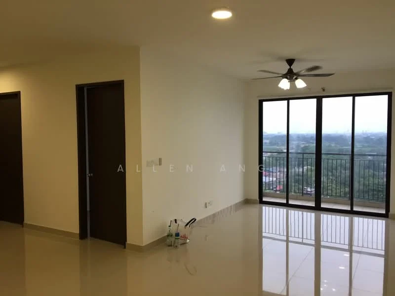Room features: cream painted walls, glossy tile flooring, 5-blade ceiling fan with light, floor-to-ceiling windows, balcony access, city view, light switch, door frames; style: modern; view: city.