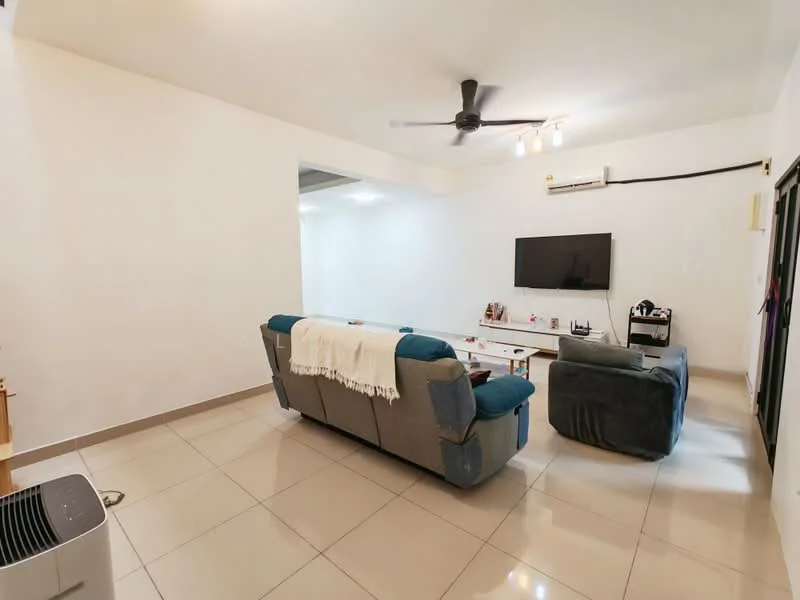 Living features: grey fabric 3-seater sofa, blue fabric 2-seater sofa, white throw blanket on sofa, coffee table, wall-mounted TV, white painted walls, tile flooring, ceiling fan with light, air conditioning unit, sliding glass door to balcony, decorative items on TV console; style: modern.