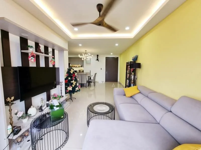 Living features: grey L-shape sectional sofa, yellow accent pillow, black coffee table, wall-mounted TV, decorative wall shelving, white painted walls, recessed downlights, ceiling fan, marble tile flooring, Christmas tree, decorative plants, open layout to dining area; style: modern.