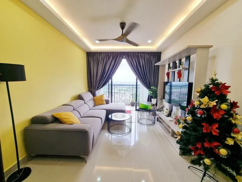 Living features: grey fabric L-shape sectional sofa, yellow accent cushions, round coffee table with glass top, black floor lamp, TV console with decorative items, wall-mounted TV, decorative Christmas tree, curtains in dark grey, floor-to-ceiling windows, recessed ceiling lights, glossy tile flooring, yellow painted walls, decorative wall shelf; style: modern; view: city.