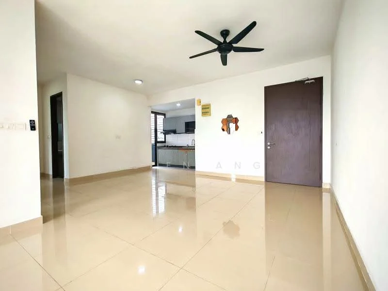 Living features: cream painted walls, glossy ceramic tile flooring, 5-blade ceiling fan in black, recessed downlights, large window for natural light, open layout to kitchen, door leading to hallway, decorative wall art; style: modern. Kitchen features: kitchen area visible in background, white cabinetry, black countertop, stainless-steel appliances, open layout to living area; style: modern.