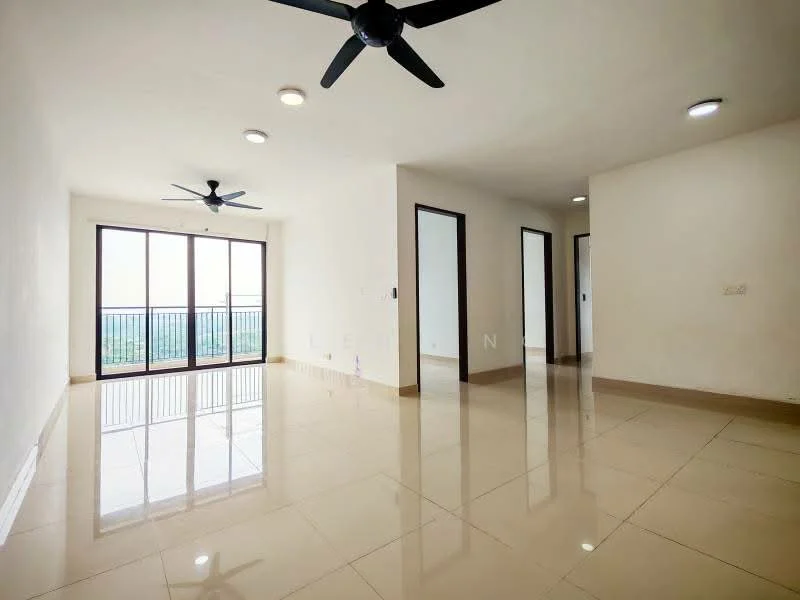 Living features: white painted walls, glossy beige tile flooring, 2 ceiling fans, recessed downlights, floor-to-ceiling windows, sliding glass door, view of city skyline, open layout, natural light; style: modern; view: city. Room features: white painted walls, glossy beige tile flooring, 2 doors leading to other rooms, recessed downlights.