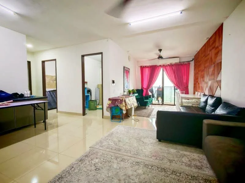 Living features: cream painted walls, glossy tile flooring, 5-blade ceiling fan with light, sofa in dark fabric, coffee table, area rug with intricate pattern, floor-to-ceiling sliding glass door, curtains in red fabric, decorative wall paneling, wall-mounted artwork; style: modern; view: garden. Room features: cream painted walls, glossy tile flooring, doorway leading to other rooms.