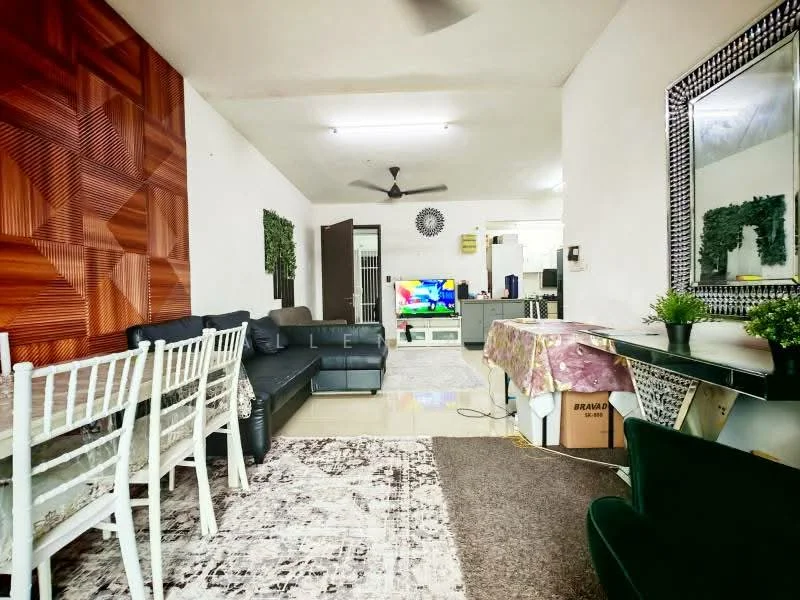 Living features: 3-seater black leather sofa, 2-seater grey fabric sofa, white dining chairs, wooden accent wall with geometric pattern, area rug with geometric pattern, wall-mounted TV, TV console, ceiling fan, decorative mirror, greenery wall decor, coffee table, side table, decorative plants; style: modern.