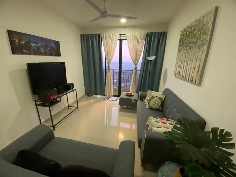 Living features: 3-seater fabric sofa in grey, 2-seater fabric sofa in grey, coffee table, wall-mounted TV, TV console, floor-to-ceiling windows, curtains in light beige, decorative wall art, area rug with geometric pattern, ceiling fan, houseplants in ceramic pots, light-colored walls, polished tile flooring; style: modern; view: city.