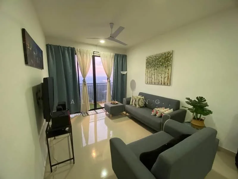 Living features: grey fabric 3-seater sofa, grey fabric 2-seater sofa, white walls, cream tiled flooring, ceiling fan, floor-to-ceiling windows, sheer curtains, decorative wall art, potted houseplant, coffee table, TV console, wall-mounted TV; style: modern; view: city.