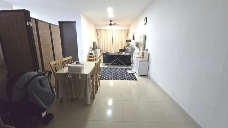 Living features: white painted walls, glossy tile flooring, 5-blade ceiling fan with light, large window with sheer curtains, dining table with 4 chairs, sofa, TV console, area rug with geometric pattern, decorative wall clock, side table, stroller, TV, wooden partition; style: modern.