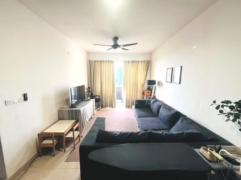 Living features: L-shape sectional sofa in dark blue, coffee table, wall-mounted TV, TV console, floor-to-ceiling windows, sheer curtains, ceiling fan, light-colored wall, tile flooring, decorative plant in ceramic pot, area rug; style: modern.