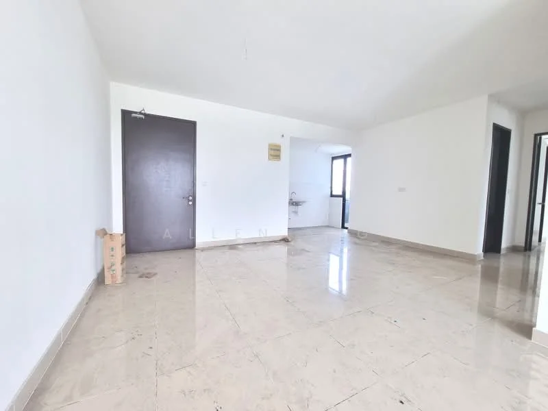 Living features: white painted walls, marble tile flooring, single door, window with view, corner sink, no visible furniture, neutral color scheme, high ceiling; style: modern.