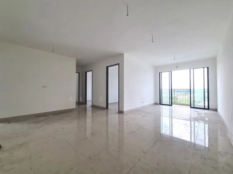 Room features: white painted walls, marble tile flooring, floor-to-ceiling windows, sliding glass door, natural light from windows, neutral ceiling, no visible fixtures, open layout; style: modern; view: garden.