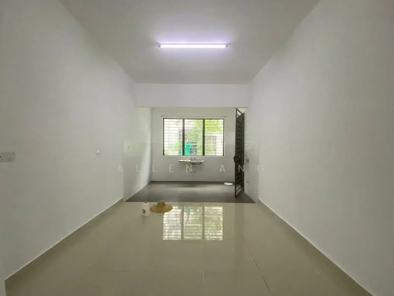 Room features: white painted walls, polished ceramic tile flooring, large window with metal grille, door with metal frame, ceiling light fixture, neutral color scheme, open layout, visible outdoor view; style: modern; view: garden.