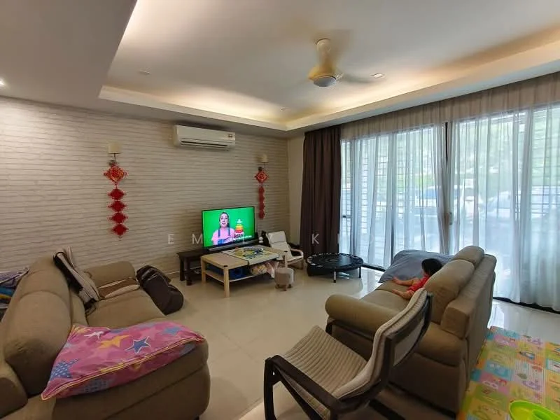 Living features: cream painted walls, exposed brick accent wall, marble tile flooring, recessed downlights, 5-blade ceiling fan, floor-to-ceiling windows, sheer curtains, sofa in beige, coffee table, TV console, wall-mounted TV, area rug, decorative wall lanterns; style: modern; view: garden.