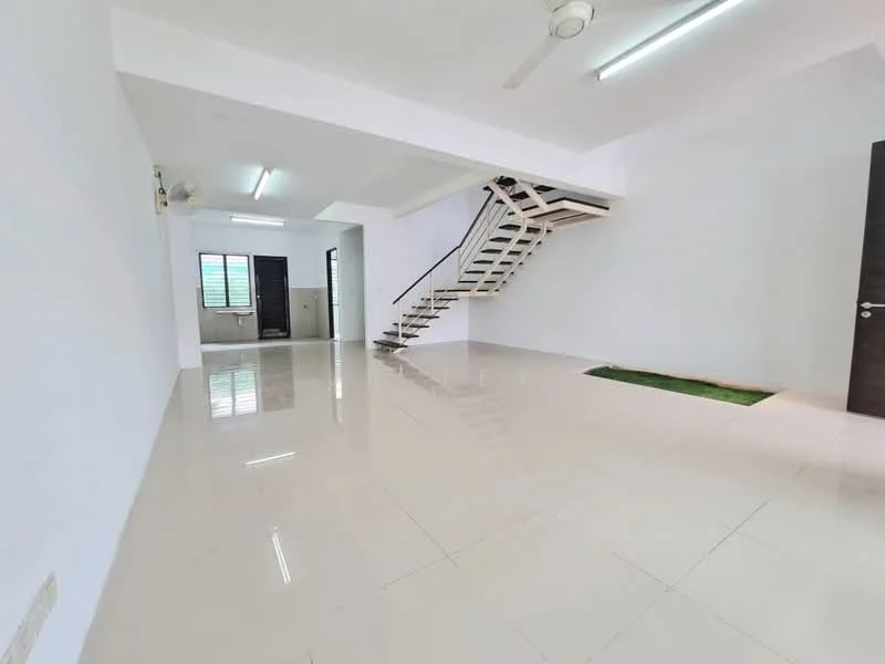 Living features: white painted walls, polished ceramic tile flooring, ceiling fan, large windows, open layout, staircase with wooden steps, natural light, greenery view from window; style: modern. Kitchen features: white painted walls, polished ceramic tile flooring, large windows, open layout; style: modern.