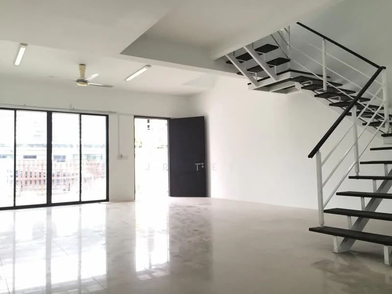 Room features: white painted walls, polished tile flooring, 5-blade ceiling fan, floor-to-ceiling windows, sliding glass door, open staircase with metal railing, natural light from windows, high ceiling; style: modern; view: city.