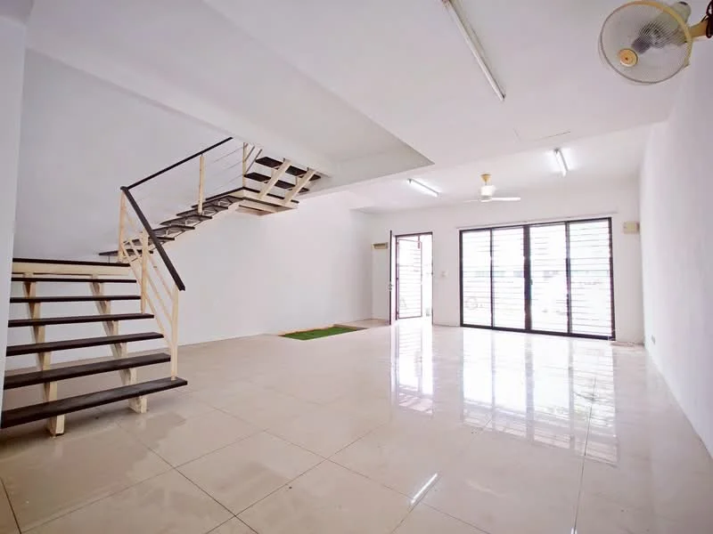 Living features: white painted walls, polished ceramic tile flooring, ceiling fan, 5-blade ceiling fan with light, large sliding glass doors, natural light from windows, open layout, staircase with wooden treads and metal railing; style: modern.